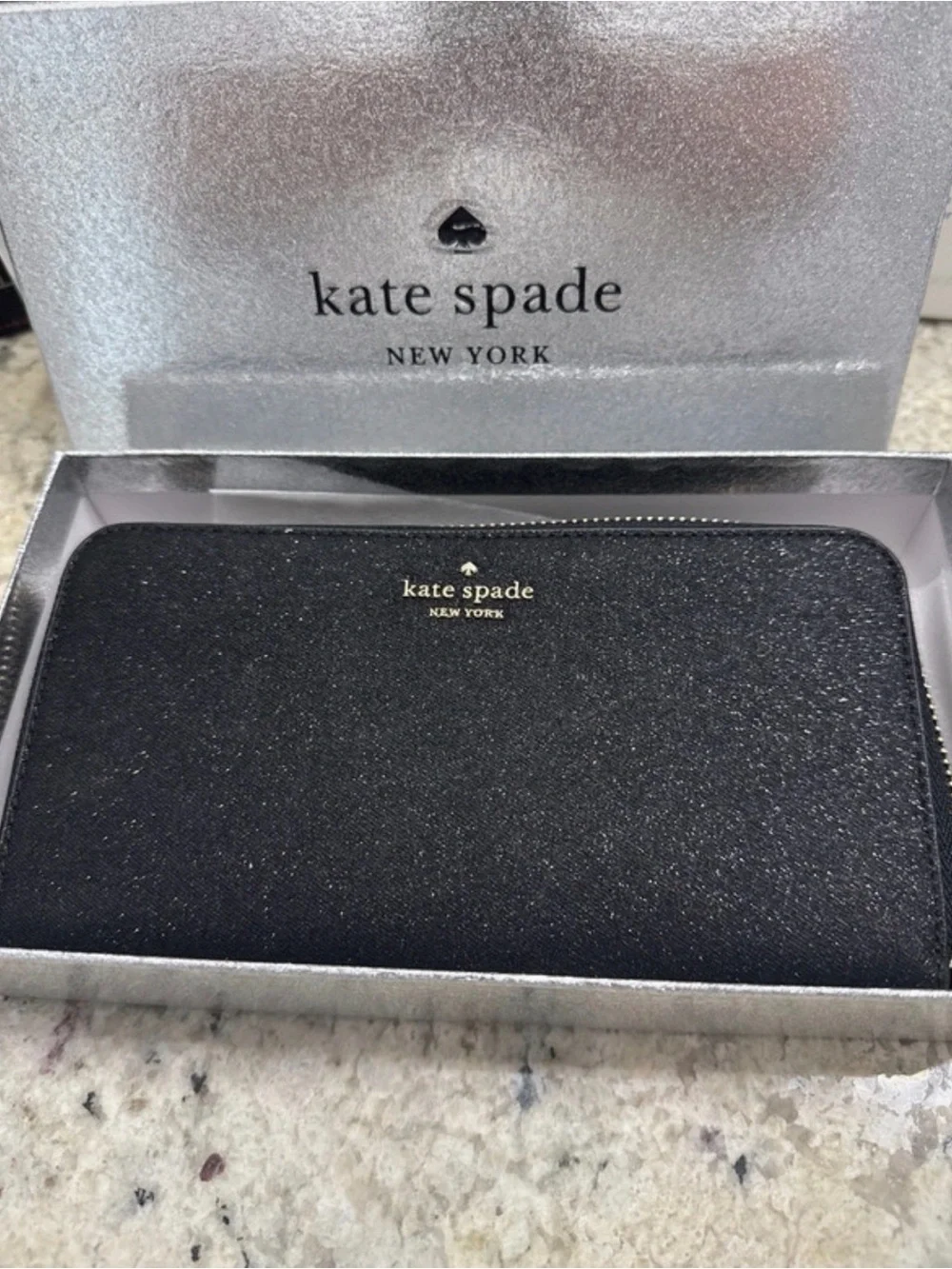 NWT kate spade New York Black Glitter Zip-Around Wallet
